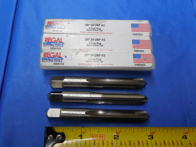 3pc NEW USA MADE 3/8 24 UNF H3 3 FLUTE PLUG SPIRAL POINT TAP REGAL CUTTING TOOLS