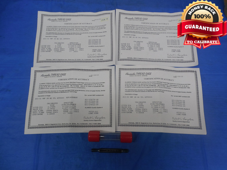 CERTIFIED 10 32 UNF 2B THREAD PLUG GAGE #10 .190 GO NO GO P.D.'S = .1697 & .1736