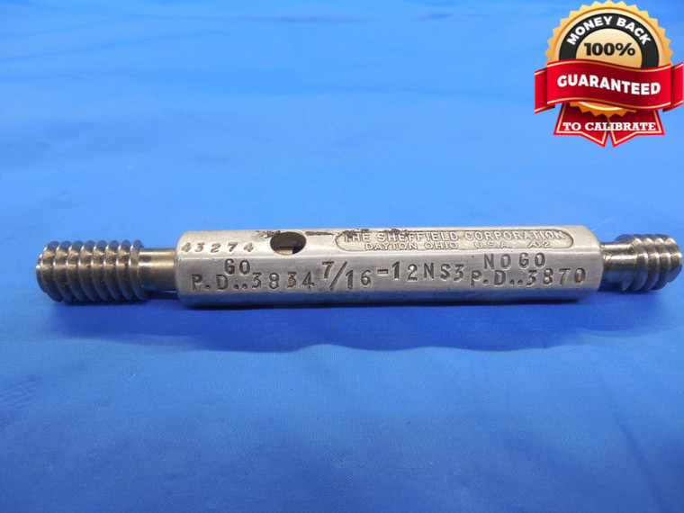 7/16 12 NS 3 THREAD PLUG GAGE .4375 GO NO GO P.D.'S = .3834 & .3870 UNS QUALITY