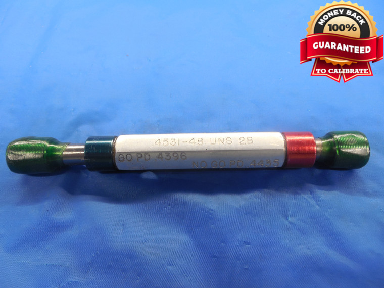 .4531 48 UNS 2B THREAD PLUG GAGE 29/64 .45312 GO NO GO P.D.'S = .4396 & .4435