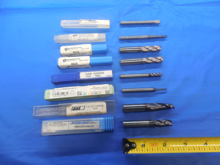 8PCS LOT OF CARBIDE END MILLS 2 & 4 FLUTE 7/16, 1/4, 3/8, .156, 3/32 MISC BRANDS