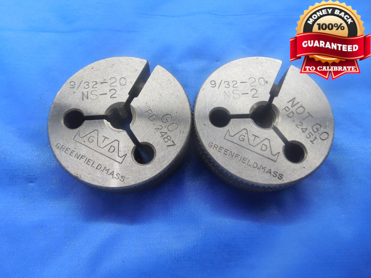 9/32 20 NS 2 THREAD RING GAGES .28125 .2812 GO NO GO P.D.'S = .2487 & .2451