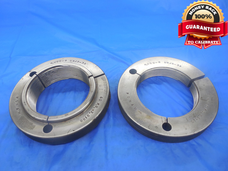 4" 8 UNJS 3A THREAD RING GAGES 4.0 GO NO GO P.D.'S = 3.9188 & 3.9120 4"-8 TOOL - DW3765RD