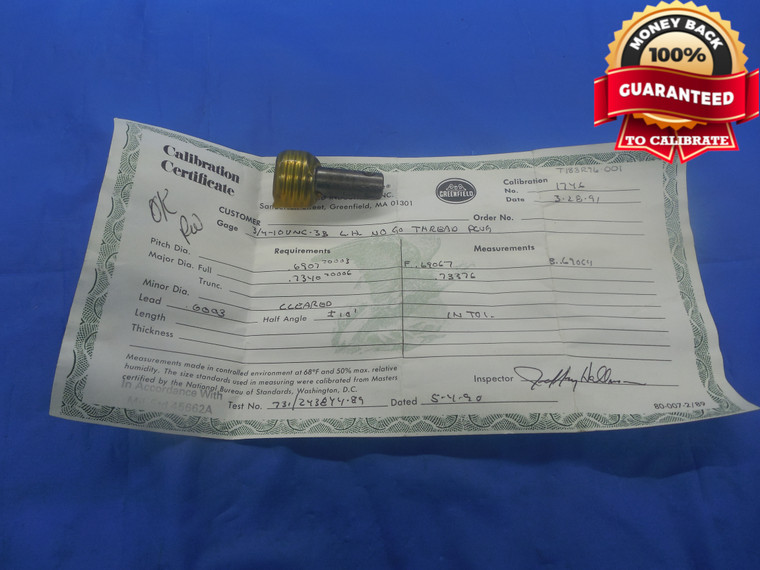 3/4 10 UNC 3B LEFT HAND THREAD PLUG GAGE .75 NO GO ONLY P.D. = .6907 L.H. TOOL - DW4290RD