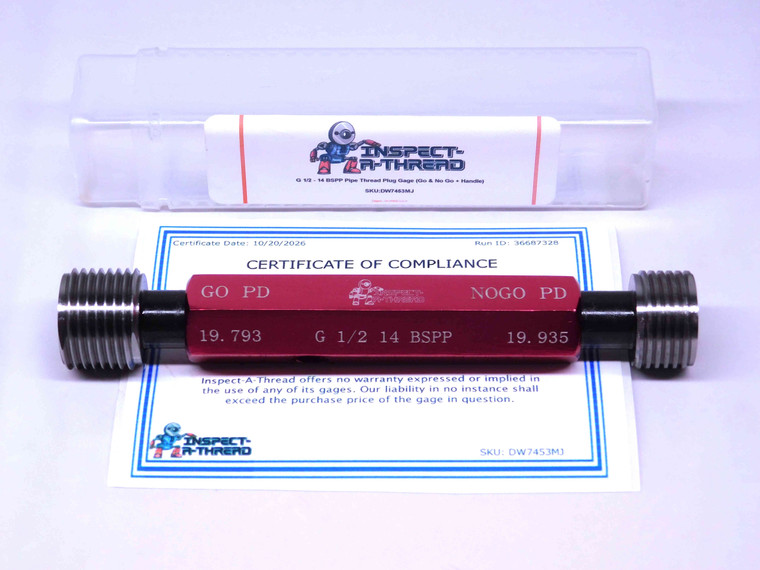 NEW G 1/2 14 BSPP PIPE THREAD PLUG GAGE .5 GO NO GO P.D.'S = 19.793 & 19.935