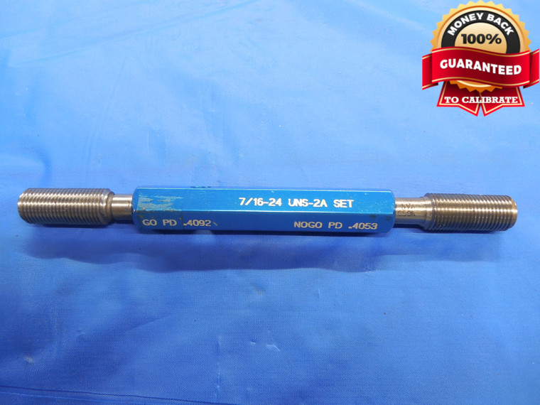 7/16 24 UNS 2A SET THREAD PLUG GAGE .4375 GO NO GO P.D.'S = .4092 & .4053 NS-2A - DW7771BU