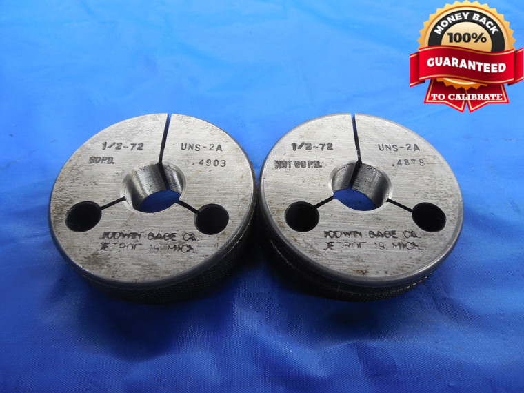 1/2 72 UNS 2A THREAD RING GAGES .5 GO NO GO P.D.'S = .4903 & .4878 NS-2A CHECK - DW7838BU
