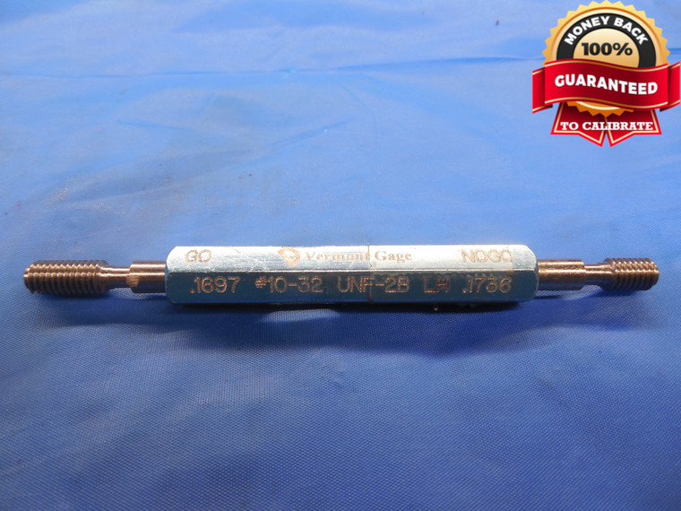 10 32 UNF 2B LEFT HAND VERMONT THREAD PLUG GAGE #10 .190 GO NO GO = .1697 .1736 - DW7957BU