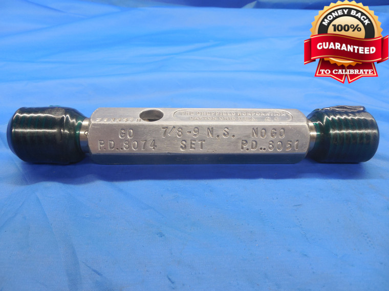 7/8 9 NS SET THREAD PLUG GAGE .875 GO NO GO P.D.'S = .8074 & .8051 UNS CHECK - DW8357BU