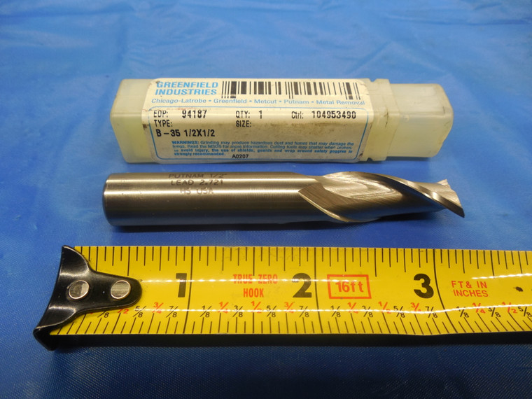 PUTNAM 1/2" DIA X 3 1/2" OAL X 1 1/4" LOC HSS SQUARE END MILL CENTER CUTTING 2FL