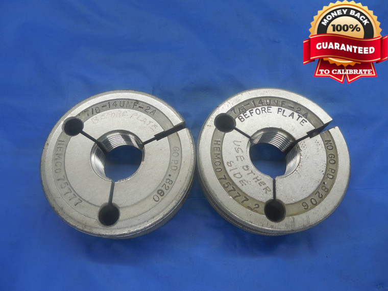7/8 14 UNF 2A BEFORE PLATE THREAD RING GAGES .875 GO NO GO PD'S = .8260 & .8206 - DW8753RD