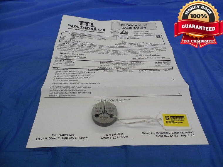 1/4 20 UNJC 3A CERTIFIED THREAD RING GAGE .25 GO ONLY P.D. = .2175 .250 .2500 - DW10382RD