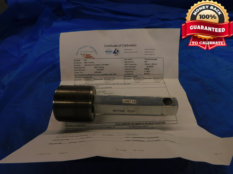 2" 16 UNEF 3A CERTIFIED SET THREAD PLUG GAGE 2.0 GO ONLY P.D. = 1.9594 2.00 - DW11140BMIN