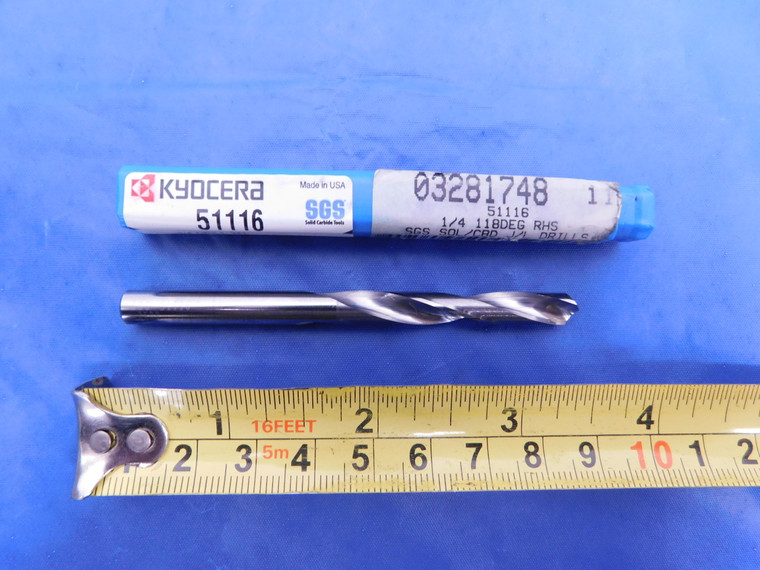 SGS KYOCERA 1/4 SOLID CARBIDE JOBBER TWIST DRILL BIT 1 3/4 LOC 3 1/4 OAL .25 - MS4224BU