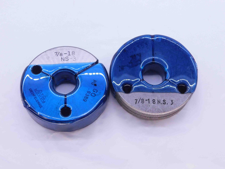 7/8 18 NS 3 THREAD RING GAGES .875 .8750 GO NO GO P.D.'S = .8389 & .8353 CHECK - 	DW12215RD