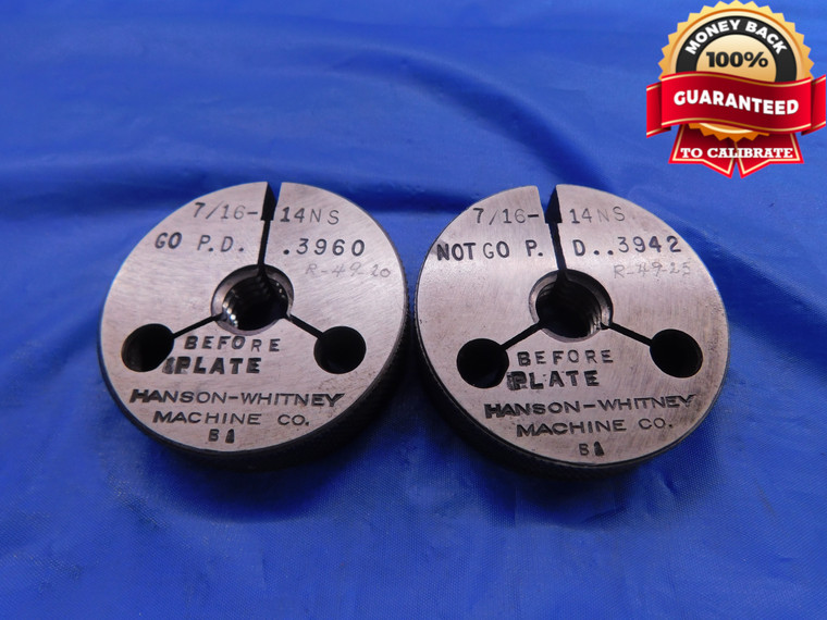 7/16 14 NS BEFORE PLATE THREAD RING GAGES .4375 GO NO GO P.D.'S = .3960 & .3942 - DW12184RD