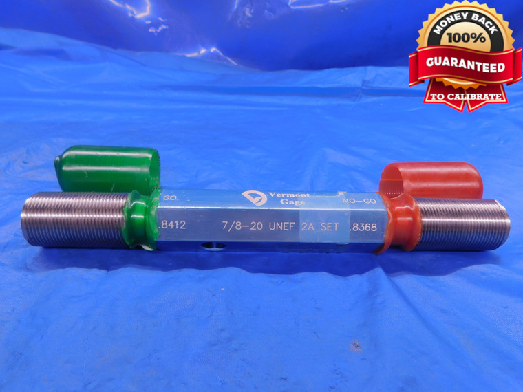 7/8 20 UNEF 2A VERMONT SET THREAD PLUG GAGE .875 GO NO GO P.D.'S = .8412 & .8368 - DW13164AP1