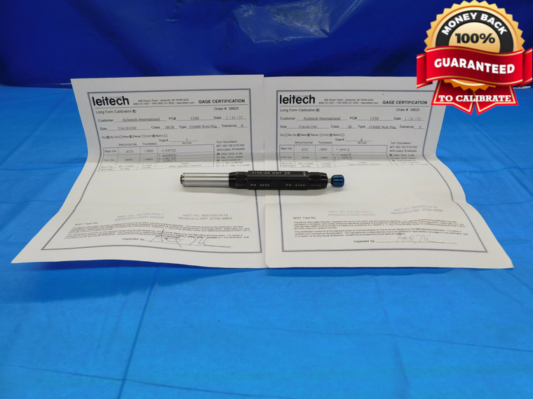 LEITECH 7/16 20 UNF 2B DEPTH THREAD PLUG GAGE .4375 GO NO GO PDS = .4050 & .4104 - DW13293AP1