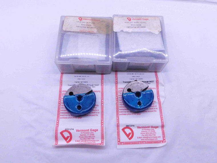 1/4 20 UNC 2A VERMONT THREAD RING GAGES .25 .250 GO NO GO P.D.'S = .2164 & .2127 - DW14038AV1