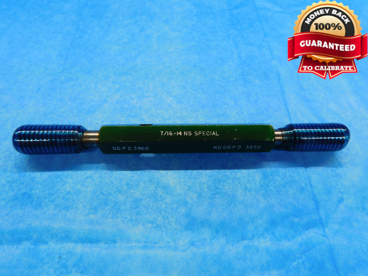 7/16 14 NS SPECIAL SET THREAD PLUG GAGE .4375 GO NO GO P.D.'S = .3968 & .3950 - DW14322RD