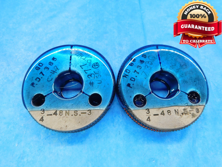 3/4 48 NS 3 THREAD RING GAGES .75 .750 .7500 GO NO GO P.D.'S = .7365 & .7345 - DW14516RD