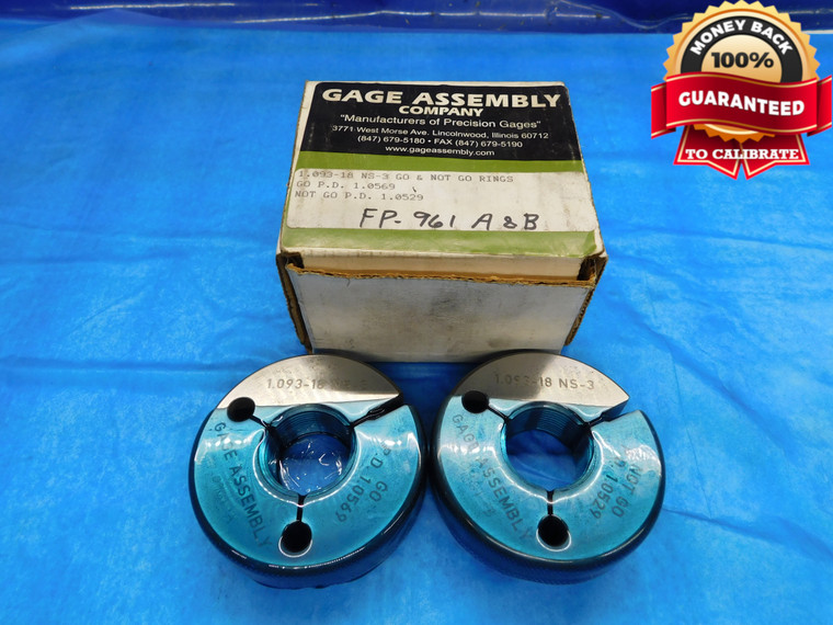 1.093 18 NS 3 THREAD RING GAGES 1.0930 GO NO GO P.D.'S = 1.0569 & 1.0529 CHECK - DW14774AG2