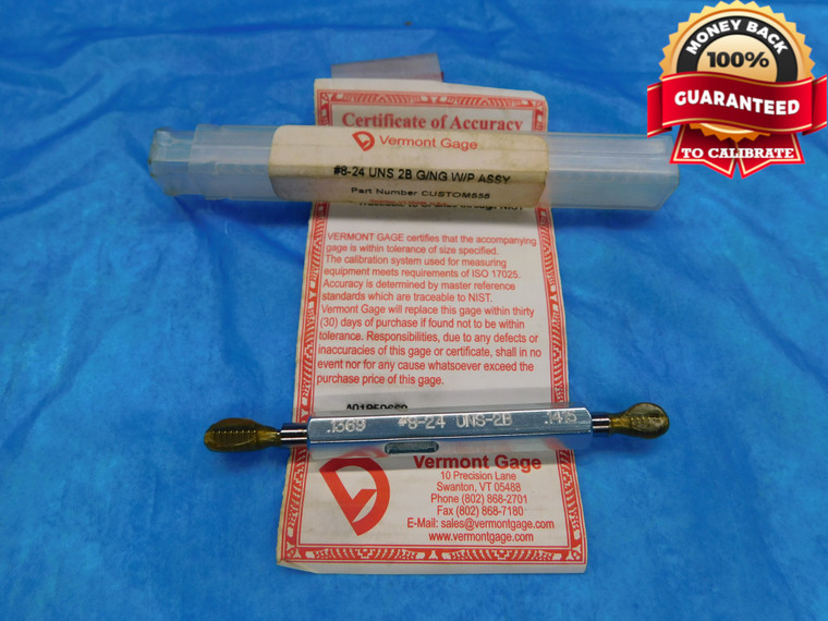 NEW 8 24 UNS 2B VERMONT THREAD PLUG GAGE #8 .164 GO NO GO P.D.'S = .1369 & .1415 - DW14818RD