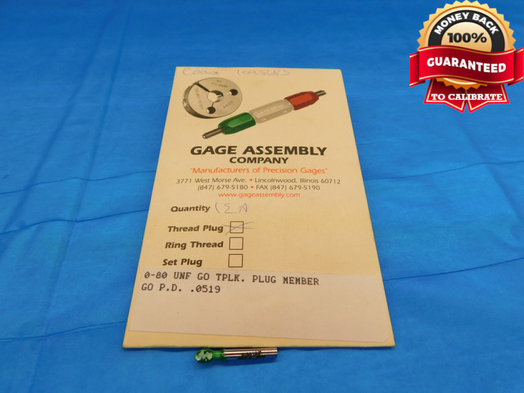 NEW 0 80 UNF THREAD PLUG GAGE #0 .060 .0600 GO ONLY P.D. = .0519 2B OR 3B CHECK - DW15950LVR