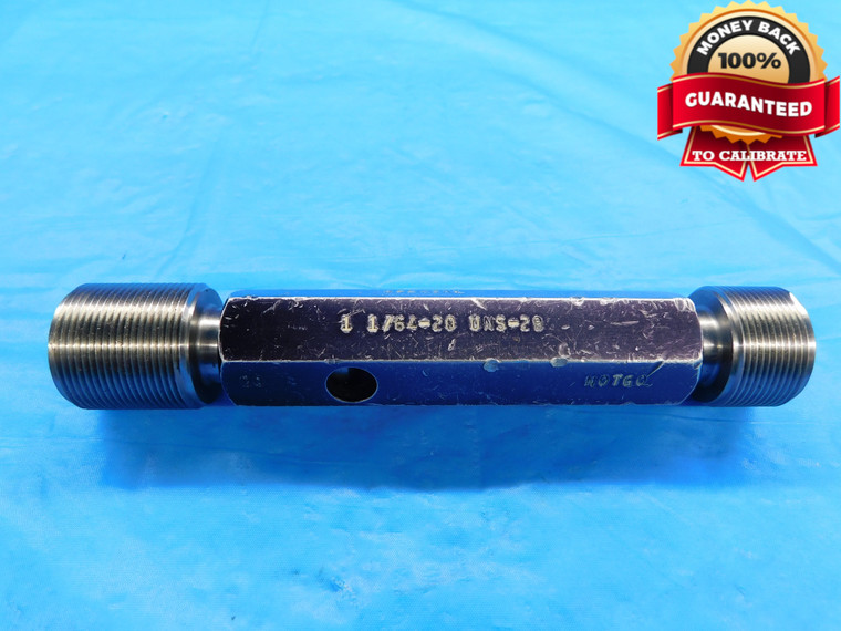 1 1/64 20 UNS 2B SPECIAL THREAD PLUG GAGE 1.0156 GO NO GO PD'S = .9826 & .9884 - DW16988AW2