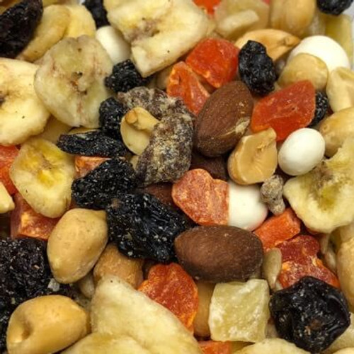 Tropical trail mix. Assortment of nuts, dried fruit, and yogurt covered items. Sold by the lb. All nuts are roasted in natural coconut oil. Made fresh for great taste. Packed fresh for big smiles.
