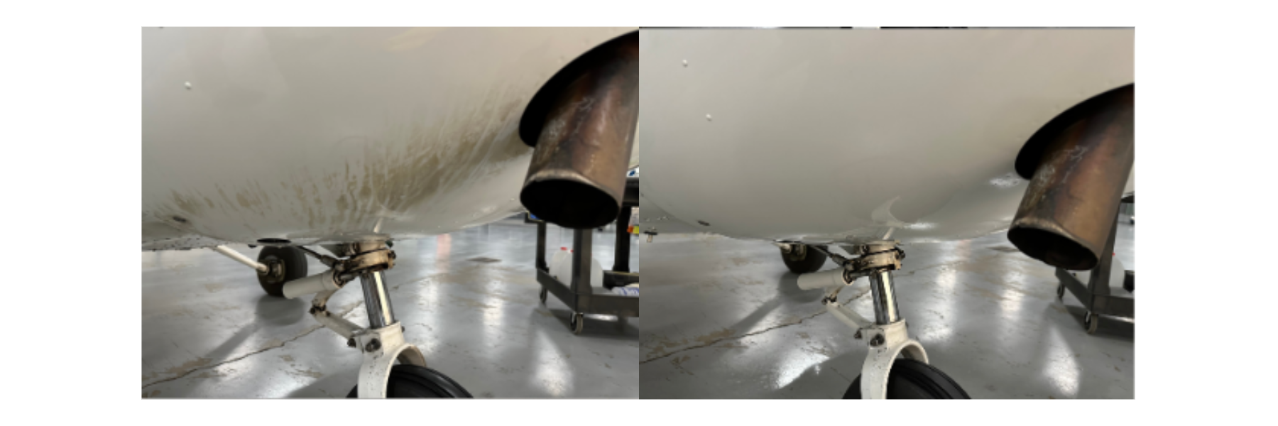 Exhaust soot and APU residue on aircraft surface