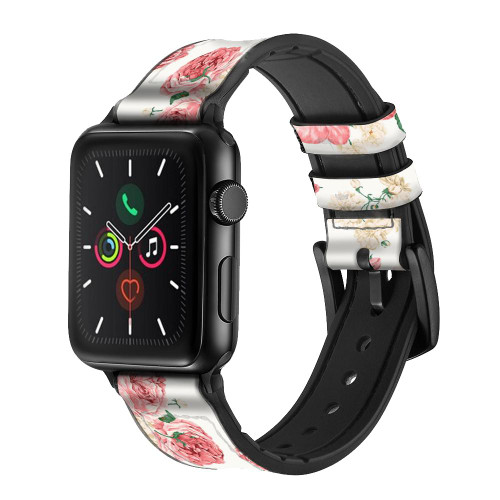 CA0209 Rose Pattern Leather & Silicone Smart Watch Band Strap For Apple Watch iWatch