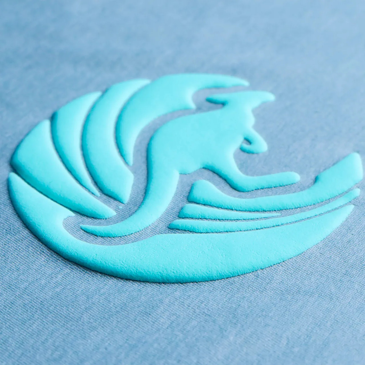 Teal Screenprint Puff Transfer on a blue shirt