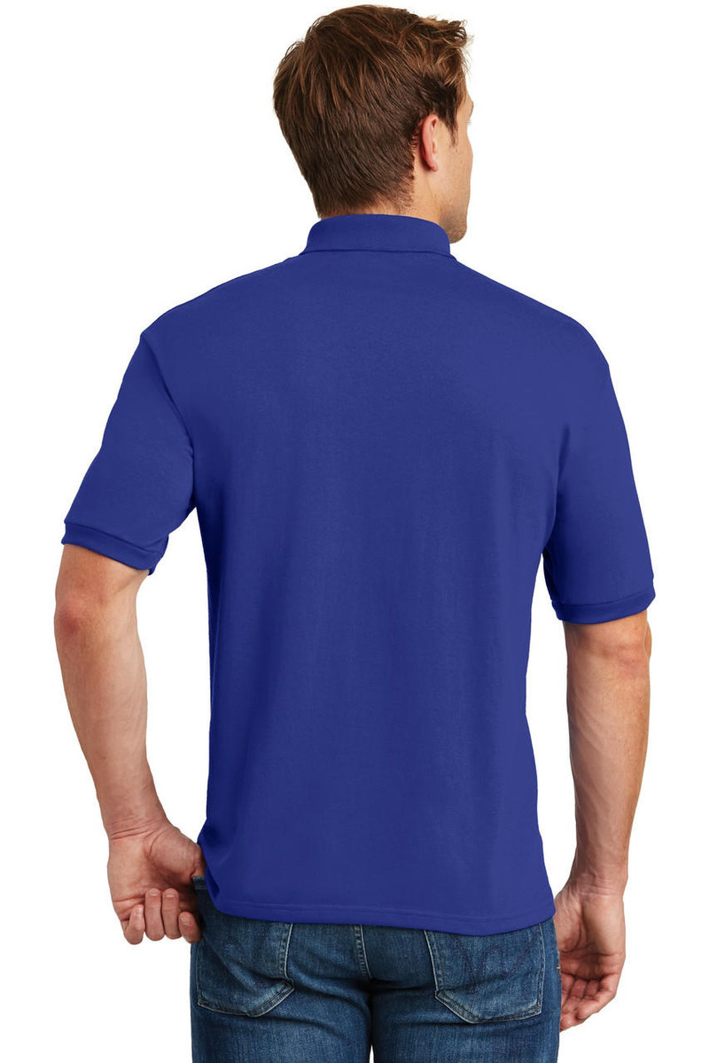 Hanes EcoSmart Polo, 50/50 cotton/poly, made with 5% recycled polyester, welt collar, pearlized buttons, and a double-needle hem.