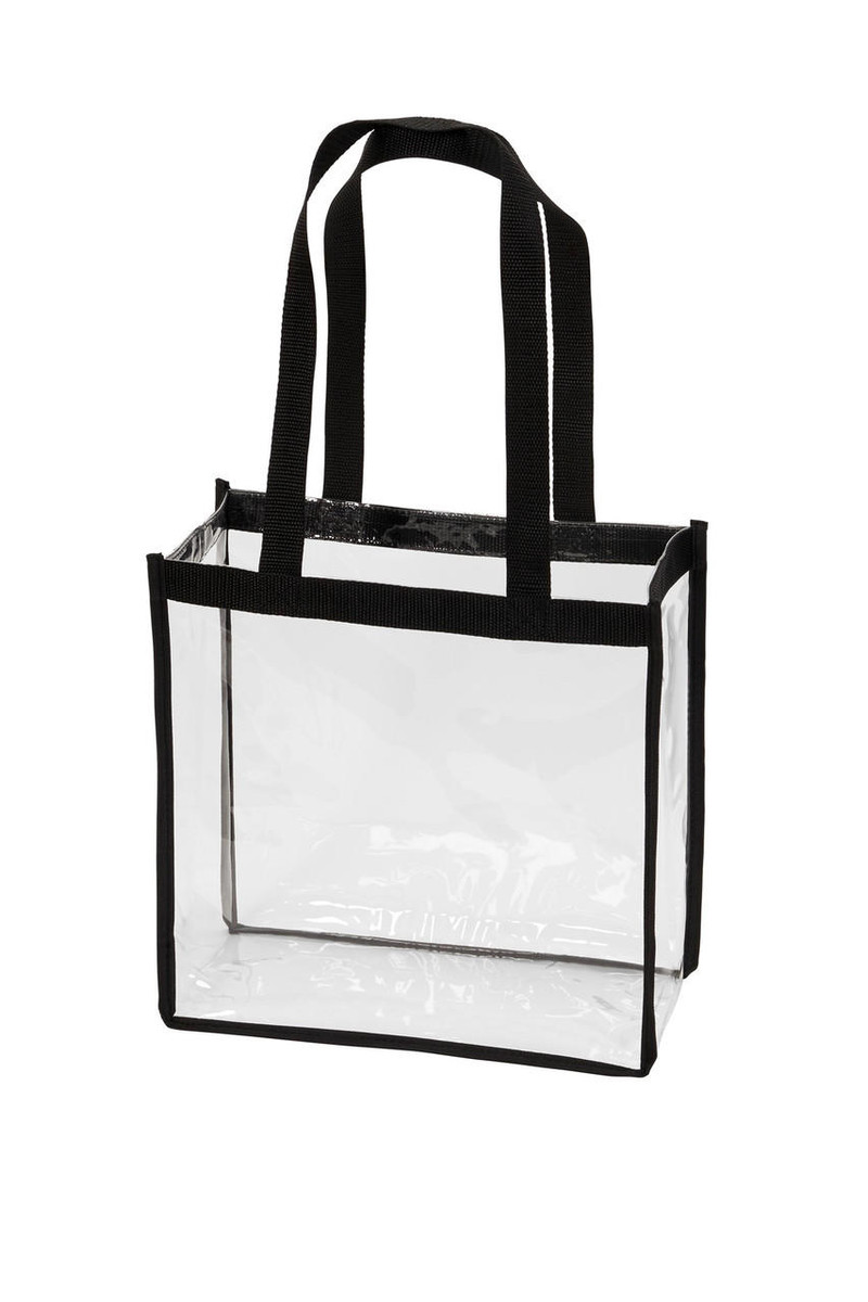 Clear PVC stadium tote with polyester webbing handles and trim.
