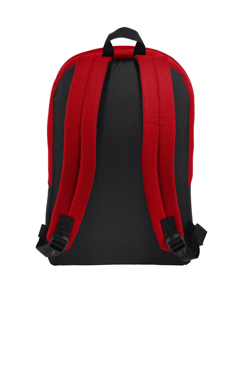Stylish backpack with faux leather patch, laptop sleeve, and front organizational pocket.