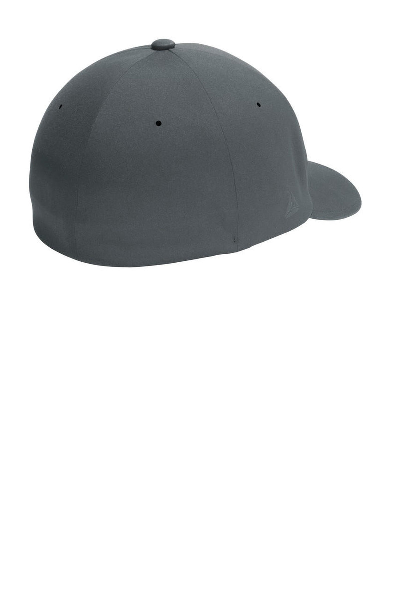 Quick-drying cap with structured fit, poly/spandex material, and moisture-wicking sweatband with stain-blocking feature.