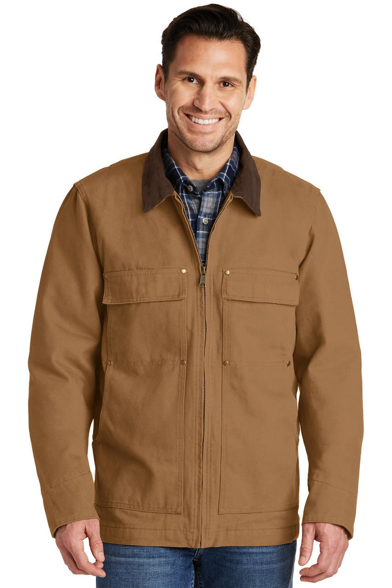12-ounce cotton chore coat with acrylic flannel lining and polyfill quilted sleeve lining.