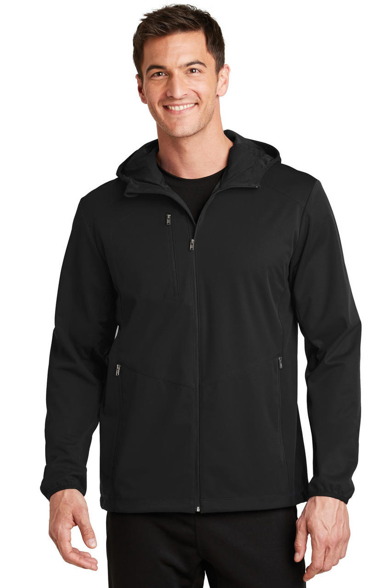 Port Authority® Active Hooded Soft Shell Jacket featuring reverse coil center front zipper for a sleek look.