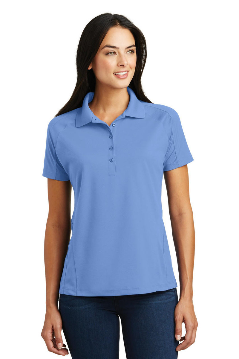 Women's breathable polo with ventilation panels and stretch gussets for extra mobility and comfort.