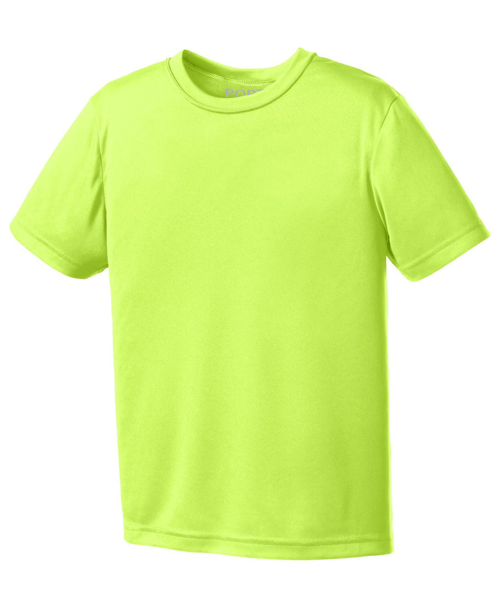 100% polyester youth tee with tag-free label for added comfort.