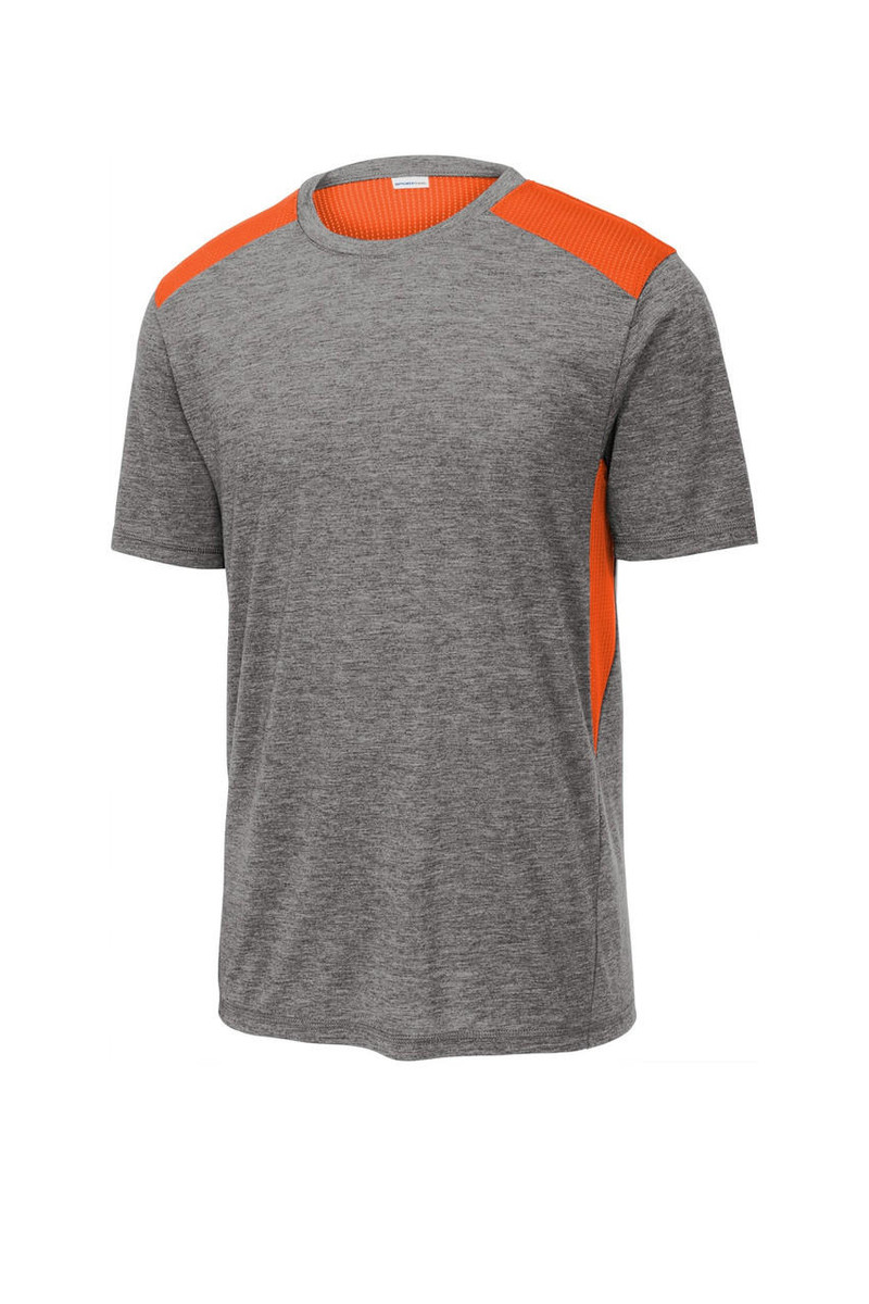 Sport-Tek PosiCharge Tri-Blend Wicking Draft Tee with breathable mesh panels for heat zones.