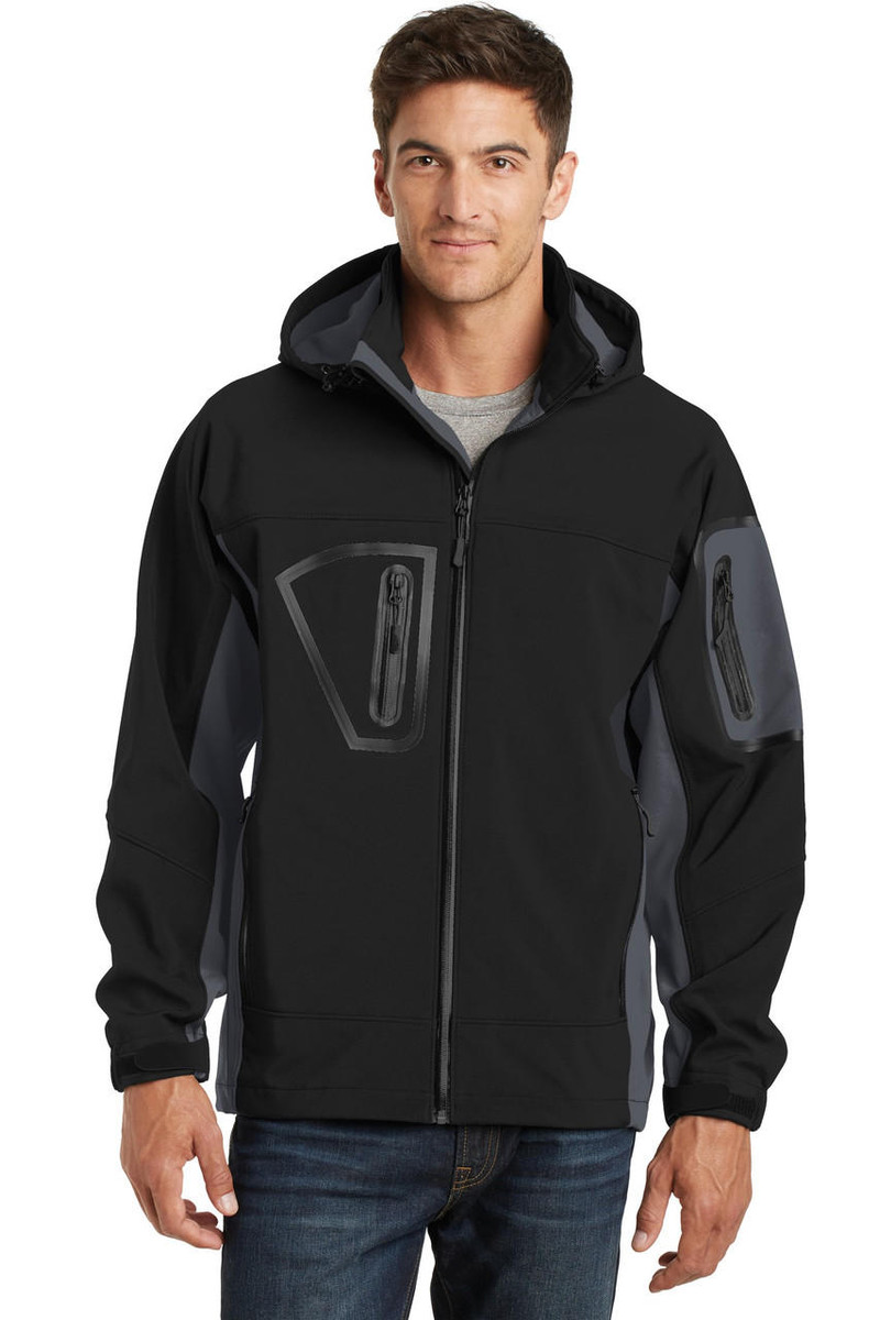 Tall Port Authority Waterproof Soft Shell Jacket with welded zippered chest pocket and snap-off hood.