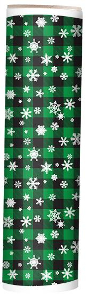 Green Snowflake Buffalo Plaid Adhesive Vinyl, ideal for window glass, car graphics, and banners.