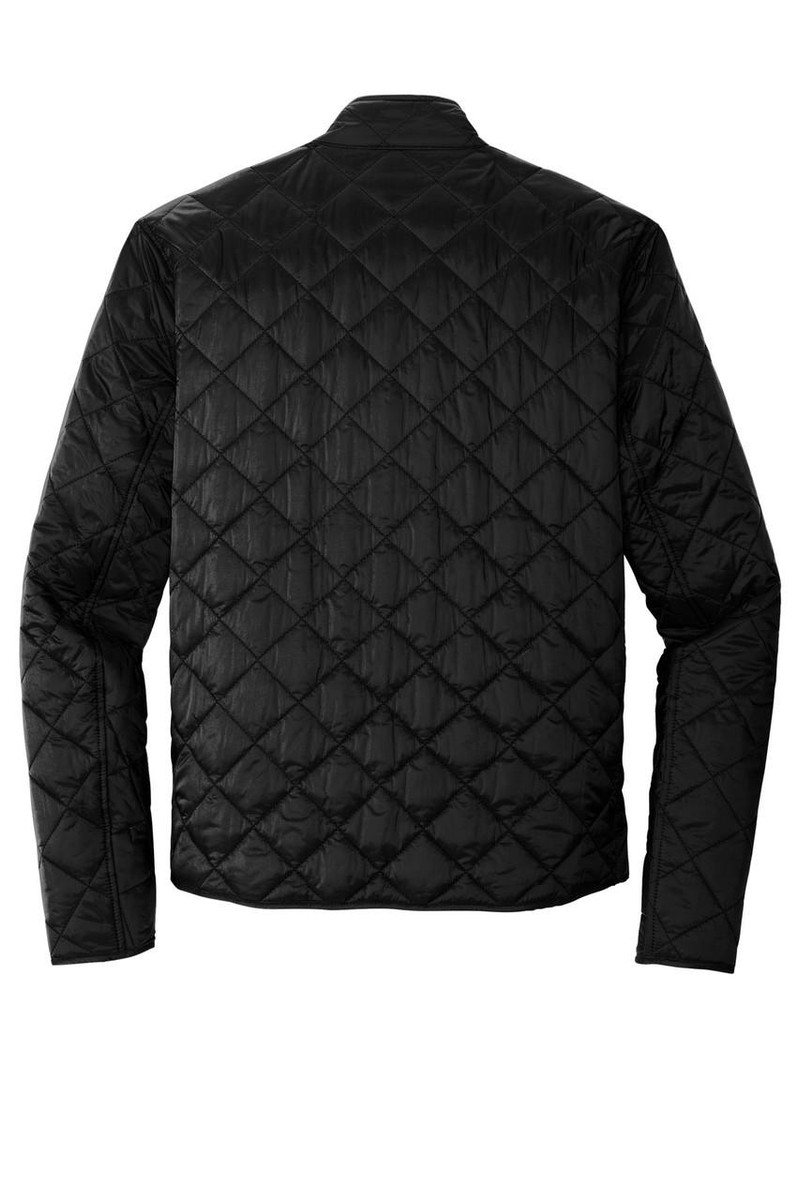 Diamond-quilted full-zip jacket with oxidized molded zipper.