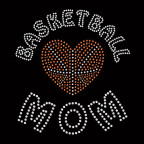 Basketball Mom rhinestone design with sparkling lettering and heart shaped ball icon