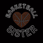 Basketball Sister rhinestone design featuring playful text and a heart-shaped basketball