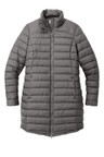 Women's puffy long jacket with horizontal baffles and slight sheen