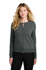 Women's tri-blend cardigan sweater with a cotton, nylon, and acrylic blend