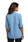 Women's sun-protective shirt with straight collar, dyed-to-match buttons, and rounded hem